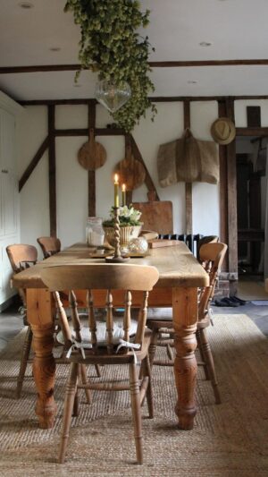 spindle dining chairs in a cosy English farmhouse