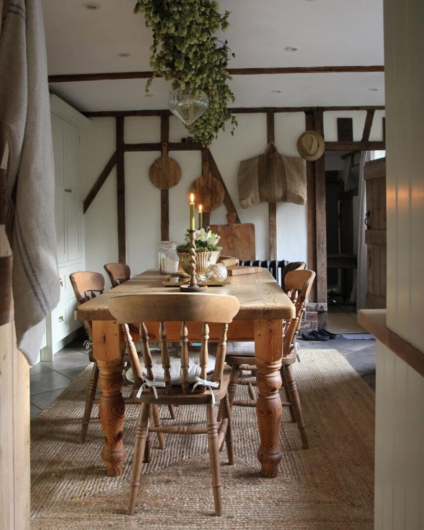 spindle dining chairs in a cosy English farmhouse