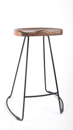 A stool with metal legs and wooden seat.