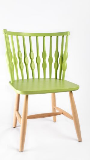 A green chair with wooden legs and arms.